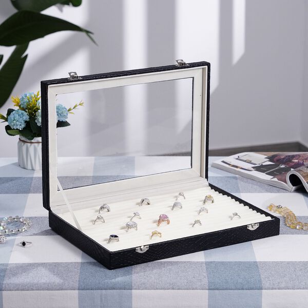 Elegante Ringbox im Edlen Drachenhaut-Design, 150 F&auml;cher, Glasfenster, Anlaufschutz, Zwei Verschlussriegel, 35x24x5.5cm, Schwarz image number 3