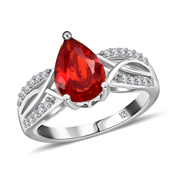 Mexikanischer Kirschfeuer-Opal und Zirkon Ring 925 Silber Platin-Überzug image number 5