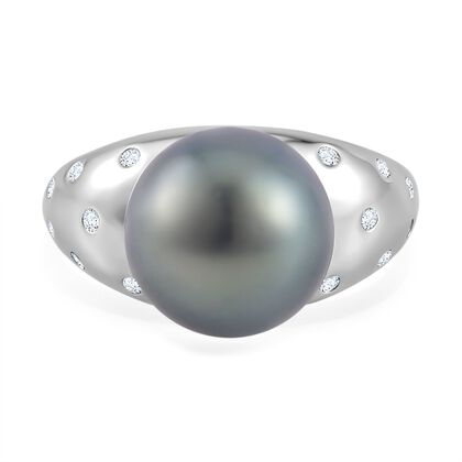 Tahiti Perle ( 12-13 mm ) Wei&szlig;er Zirkon Ring, 925 Silber platiniert (Gr&ouml;&szlig;e 16.00)