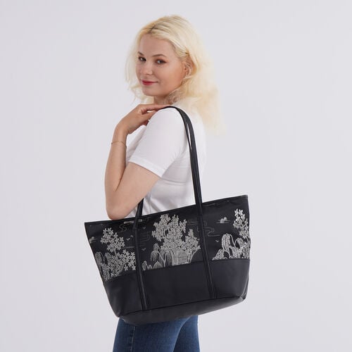 Schultertasche in modischem Print, große Kapazität, mit Reißverschluss und Innentasche, 48x29x14 cm, Polyester mit PU-Leder, Schwarz mit Blumenmuster image number 1