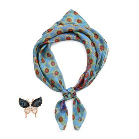 LA MAREY 2er-Set 110x110cm Schal aus 100% Maulbeerseide mit Blumenmuster und Brosch, Blau