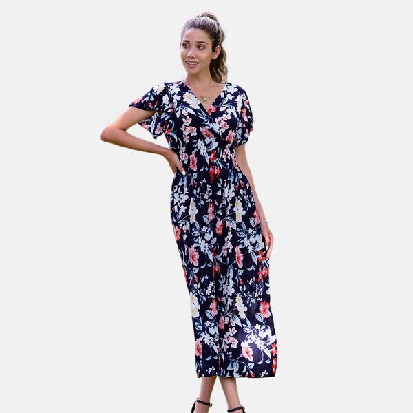 Gesmoktes Maxi-Kleid, Blumenmuster, Blumen image number 0