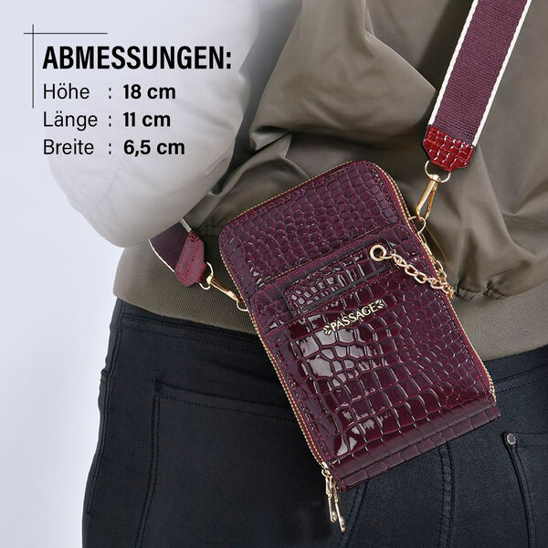 PASSAGE Crossbody Tasche aus PU-Lackleder mit Krokoprägung und RFID-Schutz, 18x7x11 cm, Bordeaux image number 3
