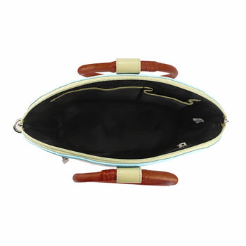 SUKRITI, Handbemalte 100 % Leder Tasche mit Maulbeerseiden Schal, Blumenmuster, Himmelblau