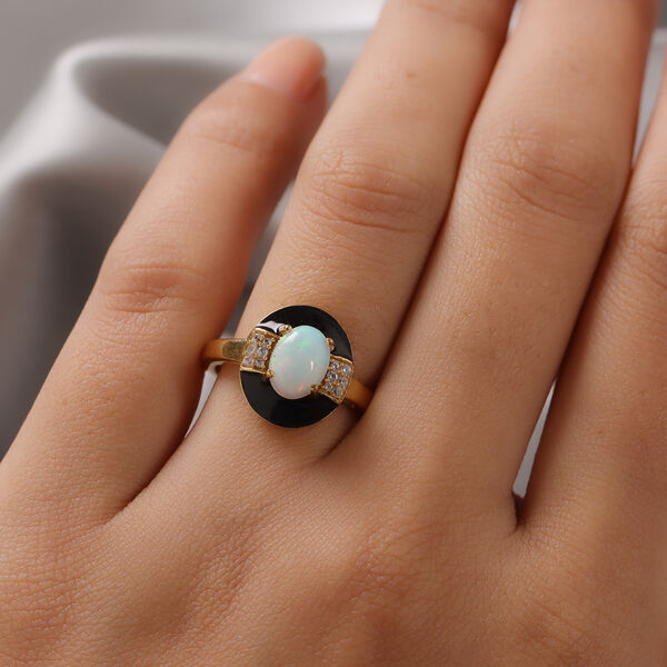 Nat&uuml;rlicher &Auml;thiopischer Opal und Zirkon Ring 925 Silber vergoldet  ca. 1,02 ct image number 3