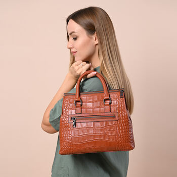 Schultertasche aus 100% echtem Leder mit Kroko-Pr&auml;gung und abnehmbarem Riemen, Gr&ouml;&szlig;e 29x12x22 cm, Braun