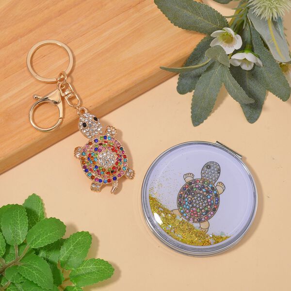 2er Set - Mehrfarbiger Kristall, Schildkr&ouml;te-Set: Schl&uuml;sselanh&auml;nger und Spiegel, emailliert, goldfarben image number 2