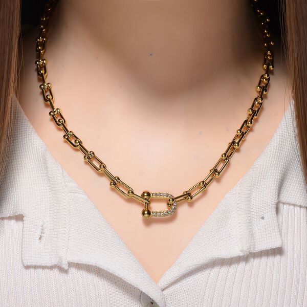 Wei&szlig;e Kristall Halskette, ca. 45 cm+ 5 cm Extender, Reiner Edelstahl, goldfarben image number 2