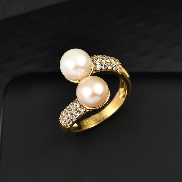 Weiße Süßwasser Perle (7.5-8 mm), Pfirsich-Süßwasser Perle (7.5-8mm) Ring Nickelfreies Messing 750 Gelb Vergoldet (Größe 17.00) 6.03 ct image number 2