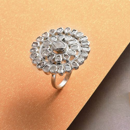 Handgearbeiteter, natürlicher Polki Diamant Ring, 925 Silber platiniert (Größe 20.00) ca. 1.25 ct image number 1