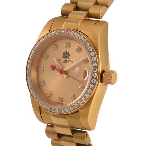 William Hunt - Moissanit-Akzentuhr, Schweizer Uhrwerk, Mineralglas und 5ATM Wasserresistenz, Edelstahl-Armband, goldfarben image number 4