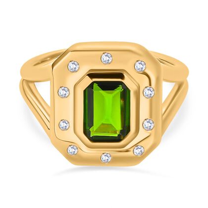 Nat&uuml;rlicher Chromdiopsid, Wei&szlig;er Zirkon Ring, 925 Silber vergoldet (Gr&ouml;&szlig;e 17.00) ca. 1.61 ct