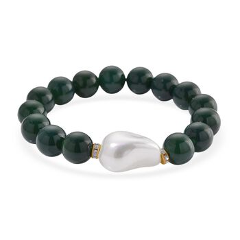 Verde Onyx, Wei&szlig;e Muschelkernperle, Wei&szlig;er Zirkonia Armband ca. Flexibles cm Standard gelb vergoldet