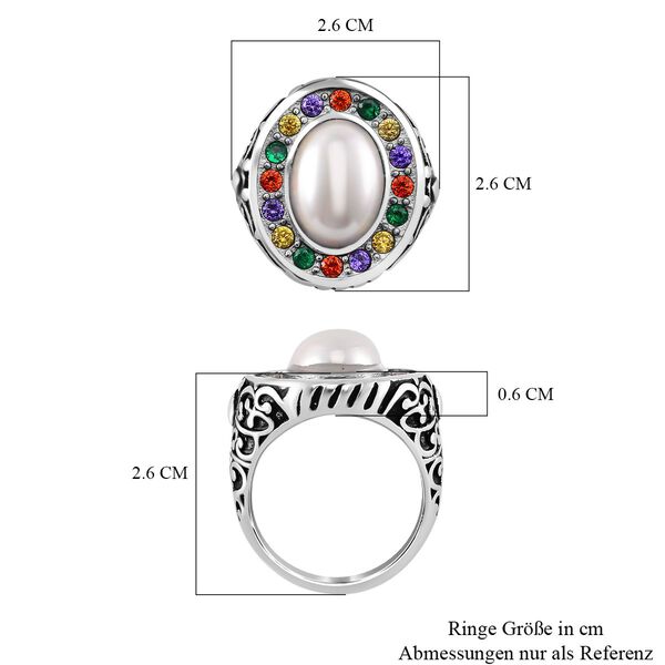 Weiße Muschelkernperle, Mehrfarbiger Zirkonia Ring Reiner Edelstahl (Größe 20.00) image number 5
