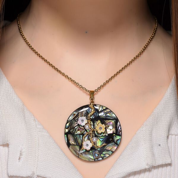 Abalone Muschel, Harz Anhänger mit Kette, Reiner Edelstahl, goldfarben image number 2