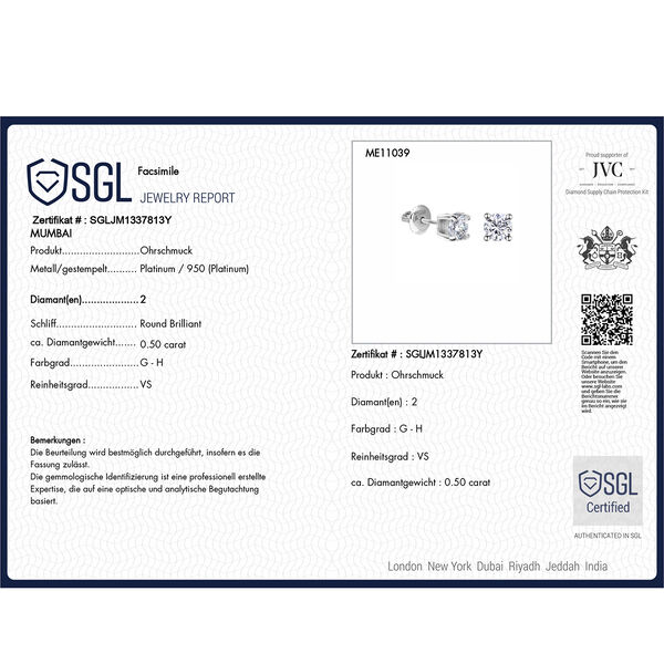 SGL zertifizierte VS-GH  Diamant-Ohrringe in 950 Platin - 0,50 ct. image number 6