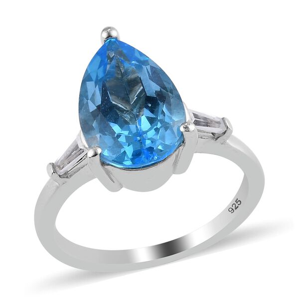 Schweizer Blautopas und Zirkon Solitär Ring 925 Silber Platin-Überzug image number 2