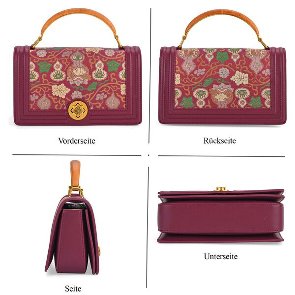 LA MAREY Signature Brokat Umh&auml;ngetasche mit Drehverschluss, Seide und Echtleder, 23 x 10 x 13.5 cm, Lila image number 4