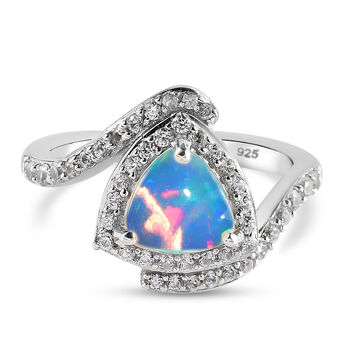Nat&uuml;rlicher &Auml;thiopischer Opal und Zirkon Bypass Ring 925 Silber platiniert (Gr&ouml;&szlig;e 16.00)
