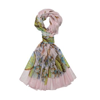 LA MAREY - 100% Maulbeeren-Seidenschal, Chiffon, 110x180cm, Rosa mit Schmetterlingmuster