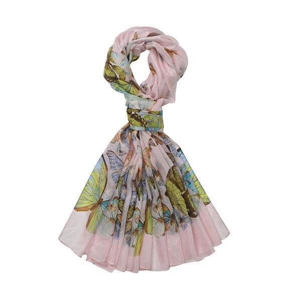 LA MAREY - 100% Maulbeeren-Seidenschal, Chiffon, 110x180cm, Rosa mit Schmetterlingmuster