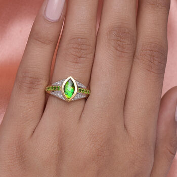 Kanadischer Ammolit und nat&uuml;rlicher Chromdiopsid-Ring, 925 Silber Gelbgold Vermeil  ca. 1,50 ct