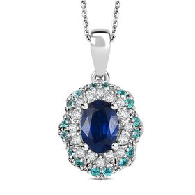 RHAPSODY zertifiziert und geprüft AAAA ceylonfarbener blauer Saphir, Paraiba Turmalin und VS Diamant Anhänger mit 45cm Kette in 950 Platin - 1,44 ct.