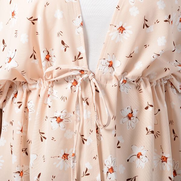 Kimono mit Gürtel, Blumenmuster, Beige, Einheitsgröße image number 4