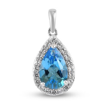 Schweizer Blautopas und Zirkon Halo-Anh&auml;nger, 925 Silber platiniert ca. 5,17 ct