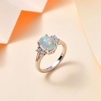 AA Nat&uuml;rlicher, &auml;thiopischer Welo Opal, Wei&szlig;er Zirkon Ring, 925 Silber platiniert (Gr&ouml;&szlig;e 17.00) ca. 1.43 ct