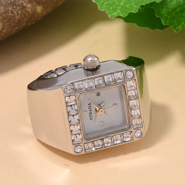 STRADA - Ringuhr mit Weißer Kristall, Japanischem Uhrwerk, 7.5 cm, Reiner Edelstahl, silberfarben image number 2