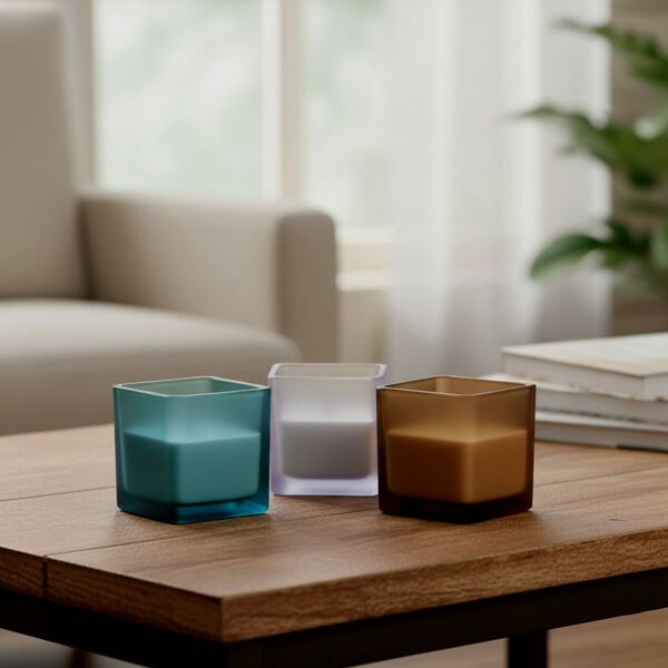 "Scented candles with bamboo base Color: Coffee + blue + purple Squre glass jar size: 6*6cm Fragrance type:French coffee+British Freesia+French Lavender 5% perfume Paraffin Wax weight: 85g Burning time: Approximately 15 hours ????? ??:??+??+?? ?????:6*6cm image number 2