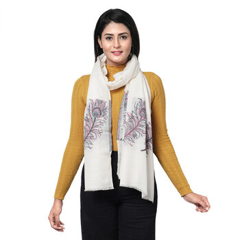 LA MAREY- 100% Kaschmirwolle Schal mit gewebten Federmotiven, Cr&egrave;me, 70x200cm