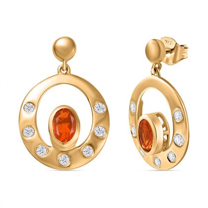 AAA Blaze-Feueropal, Wei&szlig;er Zirkon Ohrringe 925 Silber 750 Gelbgold Vermeil ca. 0,97 ct.