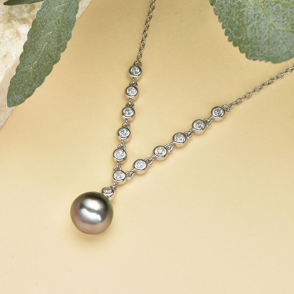 Tahiti Perlen (9-10 mm) und wei&szlig;e Zirkon Halskette, ca. 45 cm, 925 Silber rhodiniert ca. 0,61 ct image number 2