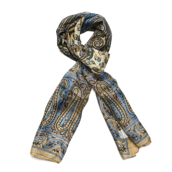 Eleganter rechteckiger Seidenschal in beige und blau mit edlem Print, Größe: 49x160 cm image number 4