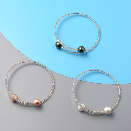 3er-Set- flexible, mehrfarbige Muschelkernperlen-Armbänder in Silberton image number 1
