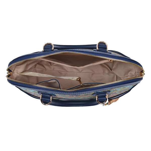 Seidenbrokat Tasche aus 100% Leder mit natürlicher Jade Quaste, Größe 35x23x13 cm, Dunkelblau und Gelb image number 5