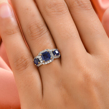 Masoala Saphir (Fissure gef&uuml;llt) und Zirkon-Ring, 925 Silber vergoldet (Gr&ouml;&szlig;e 16.00) ca. 2,91 ct