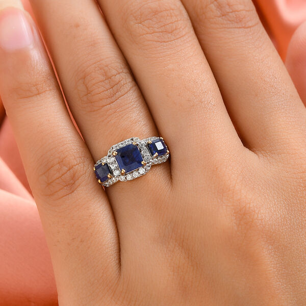 Masoala Saphir und Zirkon-Trilogie-Halo-Ring, 925 Silber vergoldet, 2,91 ct.