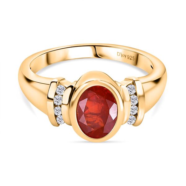 Djoy AAA Blaze Feueropal, Wei&szlig;er Zirkon Ring 925 Silber 750 Gelbgold Vermeil (Gr&ouml;&szlig;e 17.00) ca. 1,01 ct