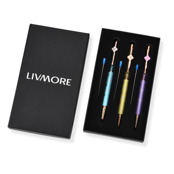 "set of 3 artificial Ballpoint Pen material:Aluminum alloy +Plastic,   Color: Macaron light blue,macaron yellow,macaron purple black ink Pen barrel with engraved The box is printed with the logo" image number 6