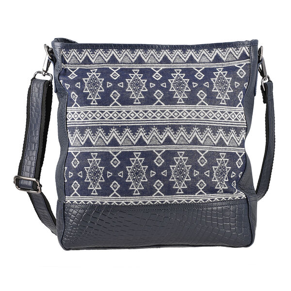Crossbody Bag aus echtem Leder und Jacquard mit Krokopr&auml;gung, schwarz