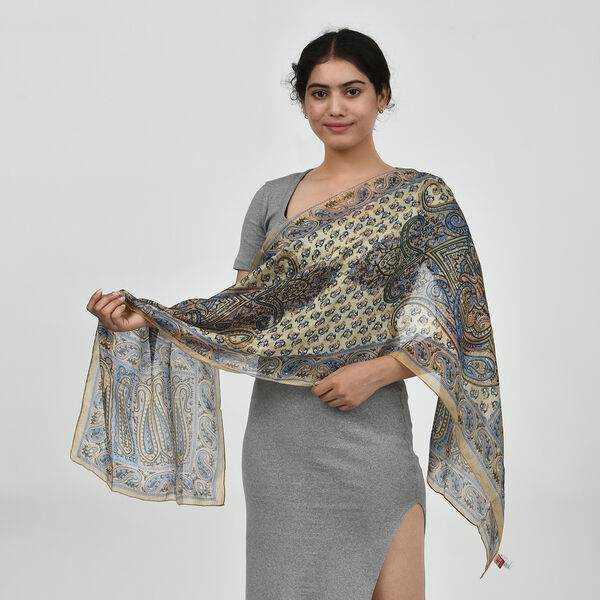 Eleganter rechteckiger Seidenschal in beige und blau mit edlem Print, Größe: 49x160 cm image number 3