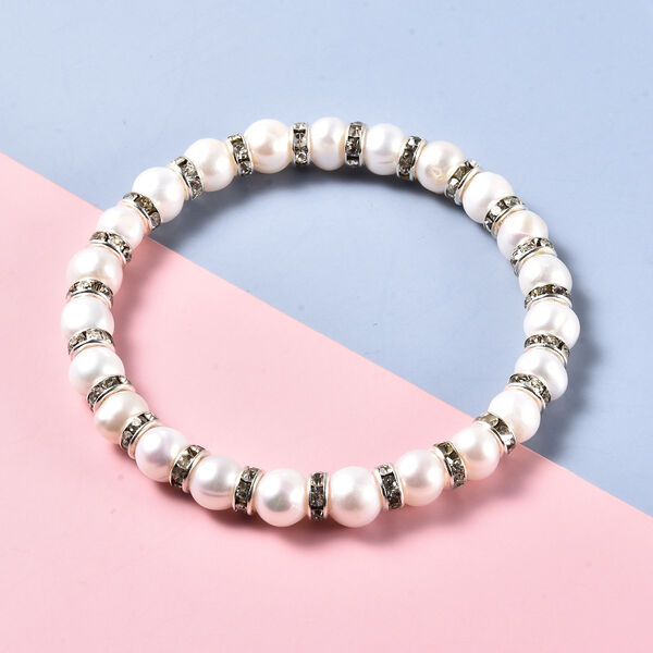 Weiße Süßwasser Perle und Kristall flexibel Armband 19 cm image number 2