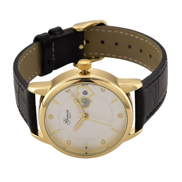 GENOA - Moissanit, Automatik-Armbanduhr mit Herz-Design und Datumsanzeige, Dandong-Uhrwerk, Wei&szlig;es Zifferblatt, Goldfarben, Schwarz Lederarmband, 36 mm image number 4