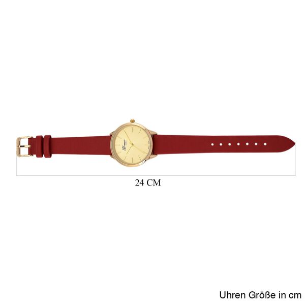 GENOA TIME - Armbanduhr Legierung, goldfarben, rotes Lederarmband, Zifferblatt Gold-Sunshine, 3 ATM wasserdicht image number 8