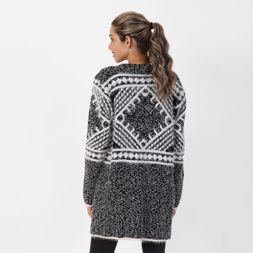 Langer Cardigan mit Taschen und Knopf, gestrickt, Einheitsgröße Geometrisch image number 1