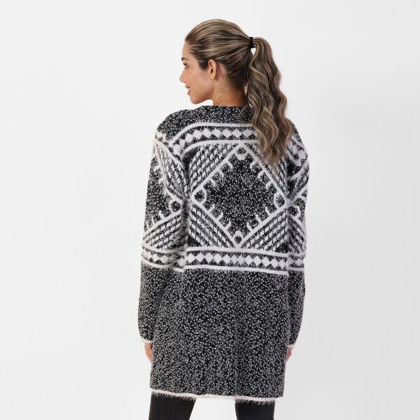 Langer Cardigan mit Taschen und Knopf, gestrickt, Einheitsgröße Geometrisch image number 1