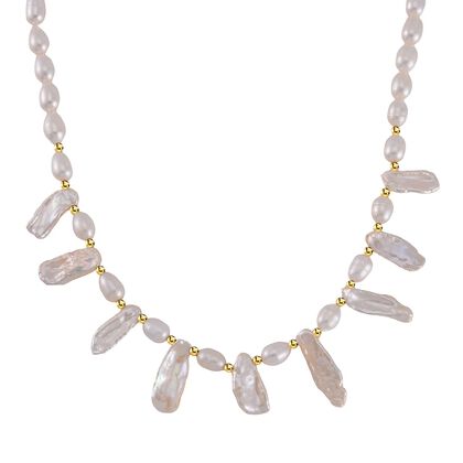 Keshi Perle, Wei&szlig;e S&uuml;&szlig;wasser Perle Halskette ca. 50 cm 925 Silber vergoldet